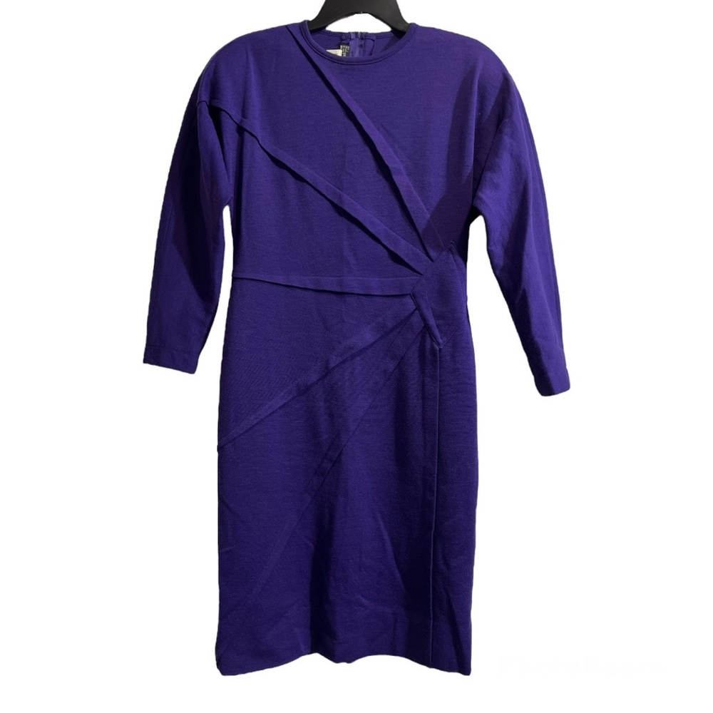 Louis Féraud Vintage Wool Long Sleeves Midi Dress in Purple, Size 8 US